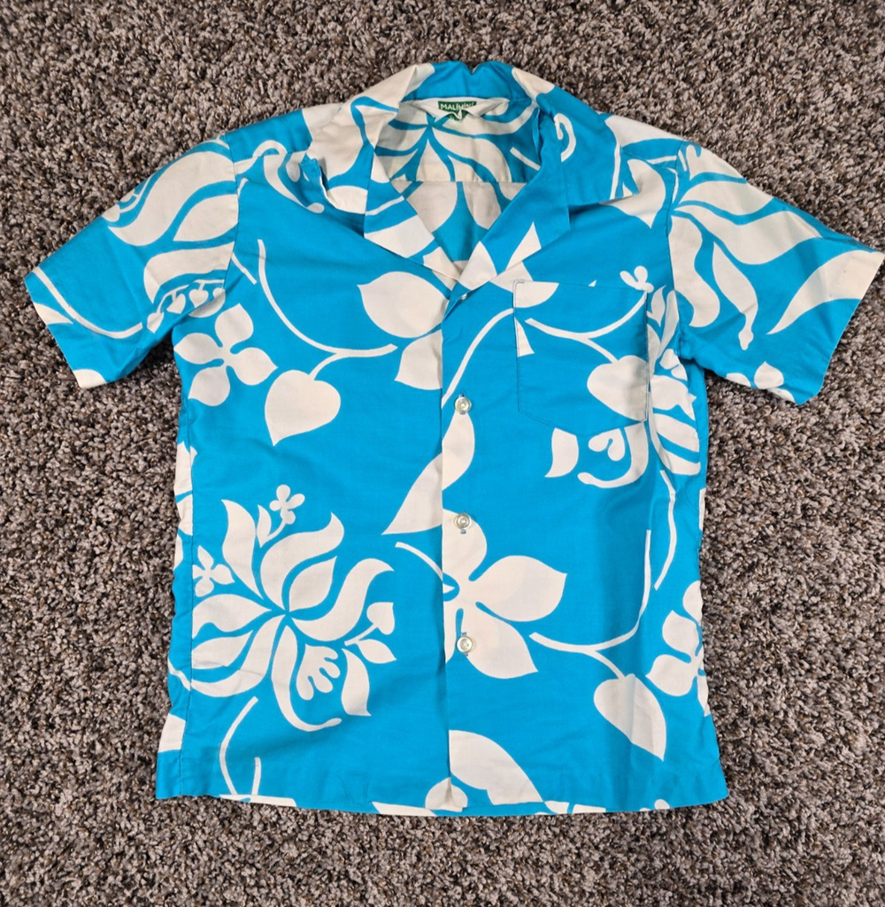 Vintage Malihini Hawaii Boys Sz M Button Up Hawaiian Shirt Blue White Floral